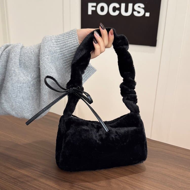 Korean Style 2026 Fall Fuzzy Solid Color Mini Bag Casual Fashion Underarm Women's Bag Trendy Plush Handbag