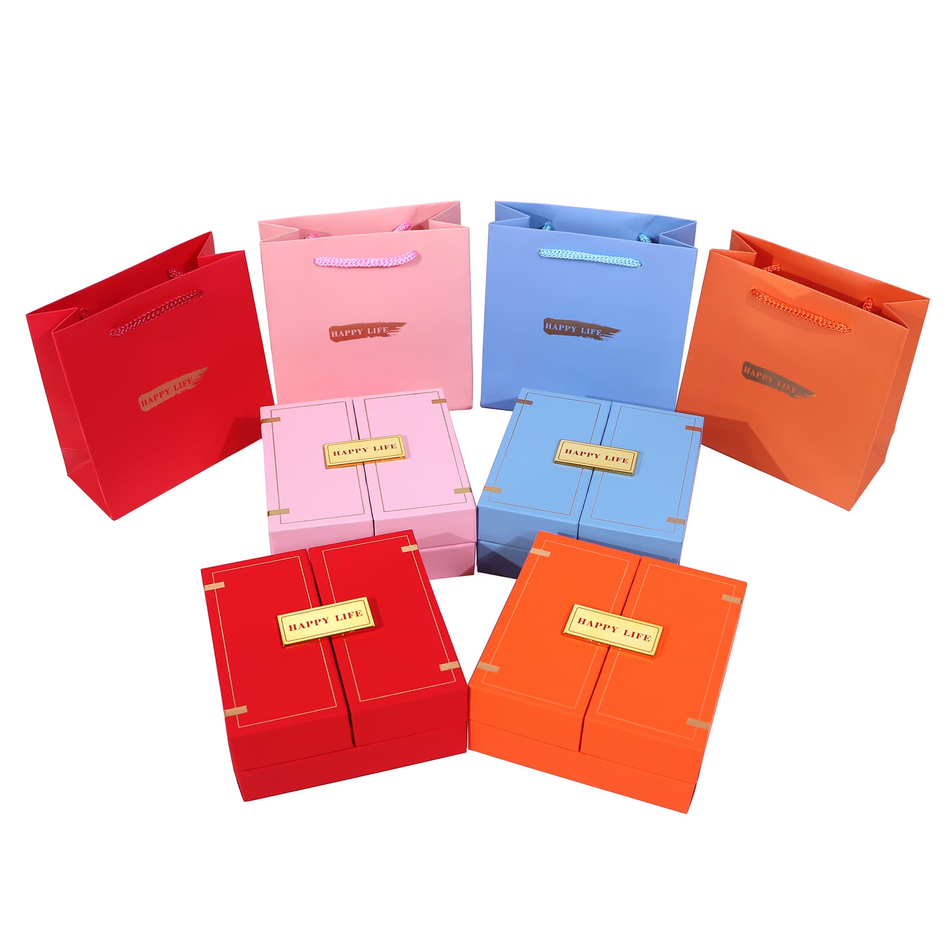 Double Door Gift Box with Happiness Theme, Gold Foil Happy Life Packaging Box, Universal Box for Necklace and Ring E-commerce