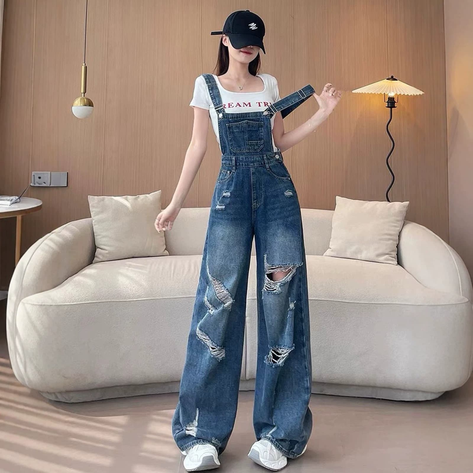 Ripped Denim Overall Wide Leg Pants for Women 2026 New Summer Thin Draped Loose Casual High-End Straight Pants