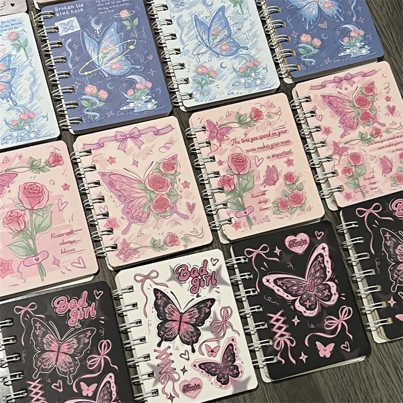 Ins-style high-value rose and butterfly A7 coil notebook, romantic style, thick small size homework notebook, gift notebook
