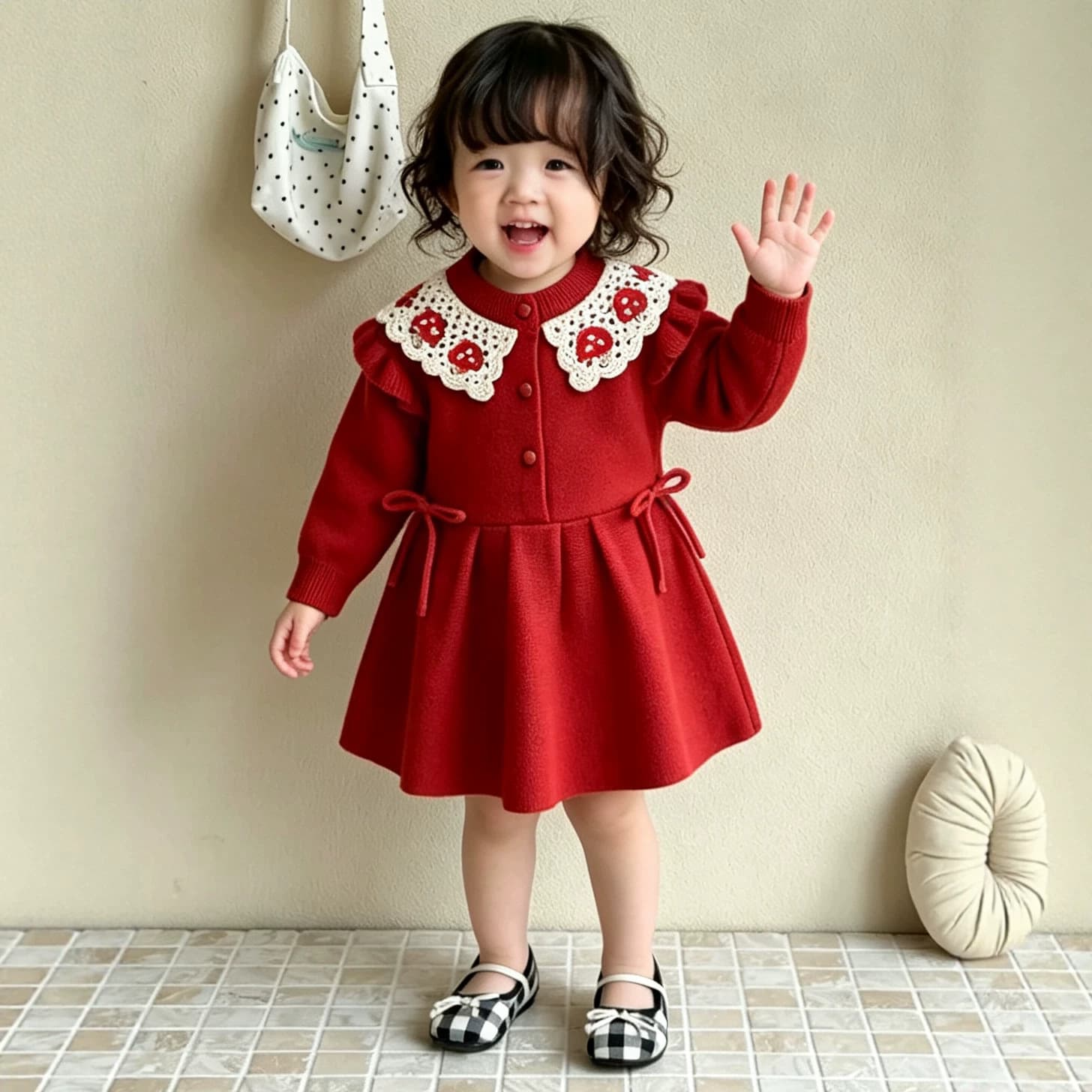 Girls' Knit Dress 2026 Fall/Winter New Style Handmade Mushroom Lace Peter Pan Collar Knitted Long Dress Baby Girl New Year Outfit