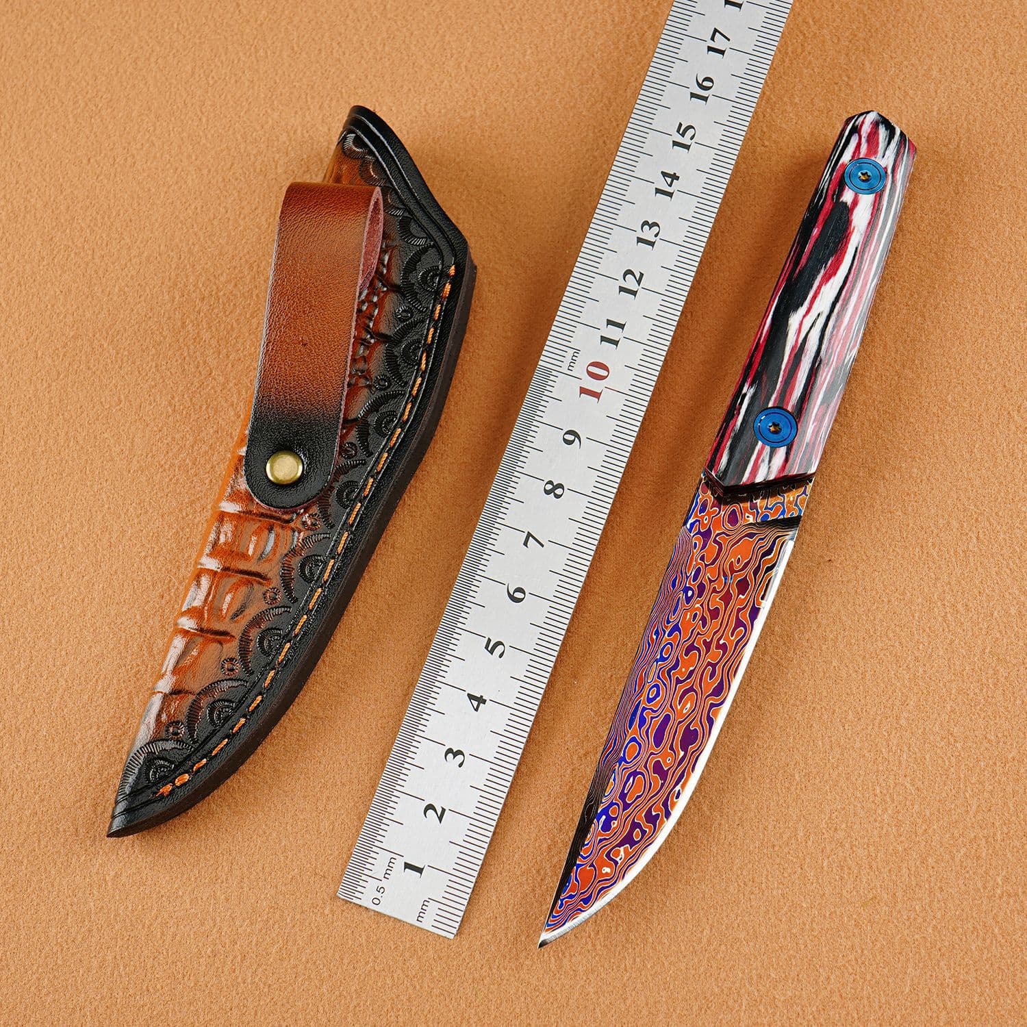 Factory Direct Cross-border Damascus Blue Carbon Steel Color Wood Handle Full Tang Outdoor Straight Knife Multi-functional Yangjiang