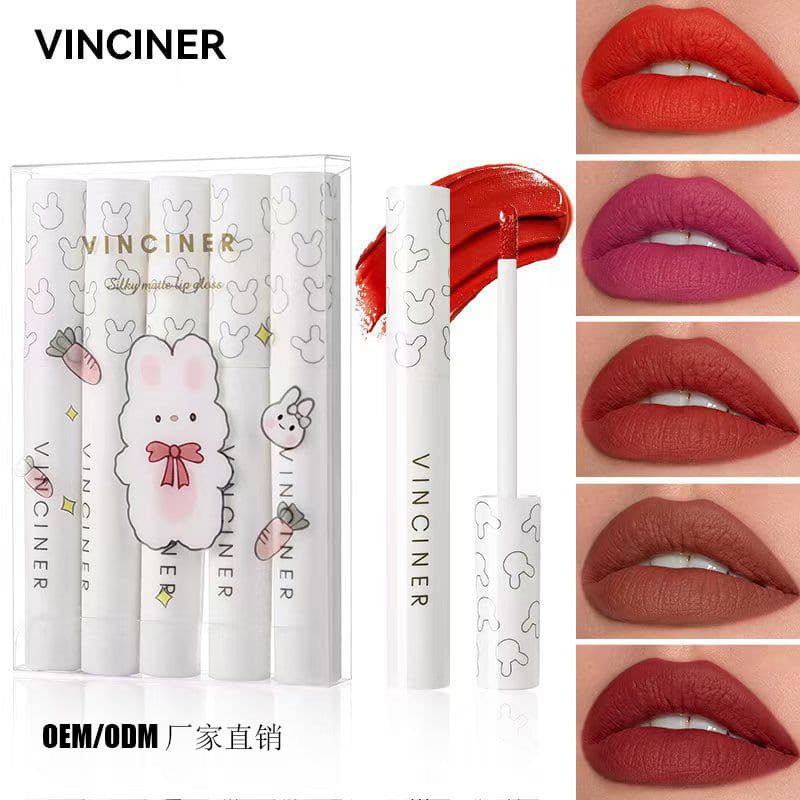 Cross-border VINCINER popular 5-pack cartoon lip gloss set matte matte velvet non-stick cup lip gloss wholesale