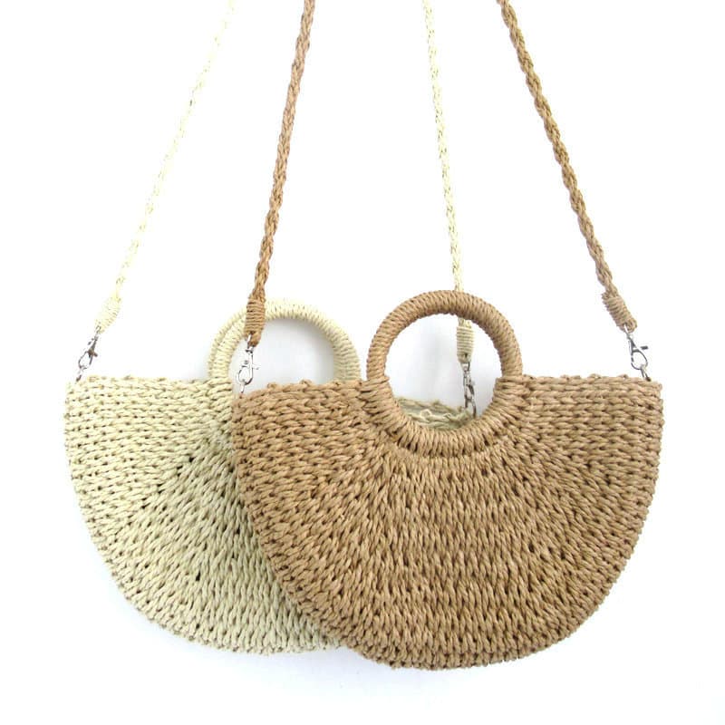 New Half-Round Straw Woven Bag Paper Rope Simple Round Bucket Bag Woven Bag Vintage Style Handbag Casual Beach Bag Women's Bag