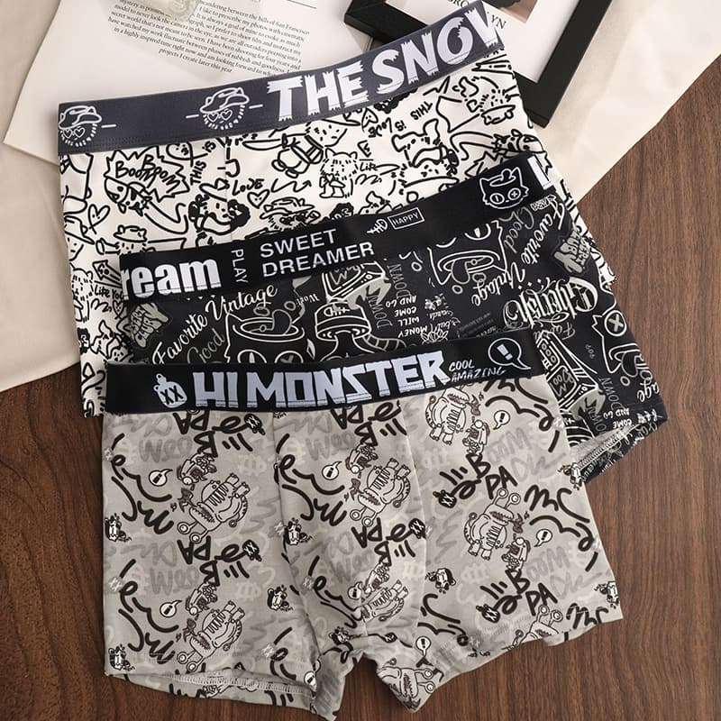 New cotton men's breathable antibacterial underwear for boys graffiti trendy sports boxer briefs for students with boxer shorts