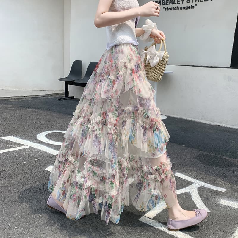 Real Shot Irregular Print High-Waist Skirt Women Summer 2025 New Large Swing Mesh Slimming Gentle Style Long Skirt