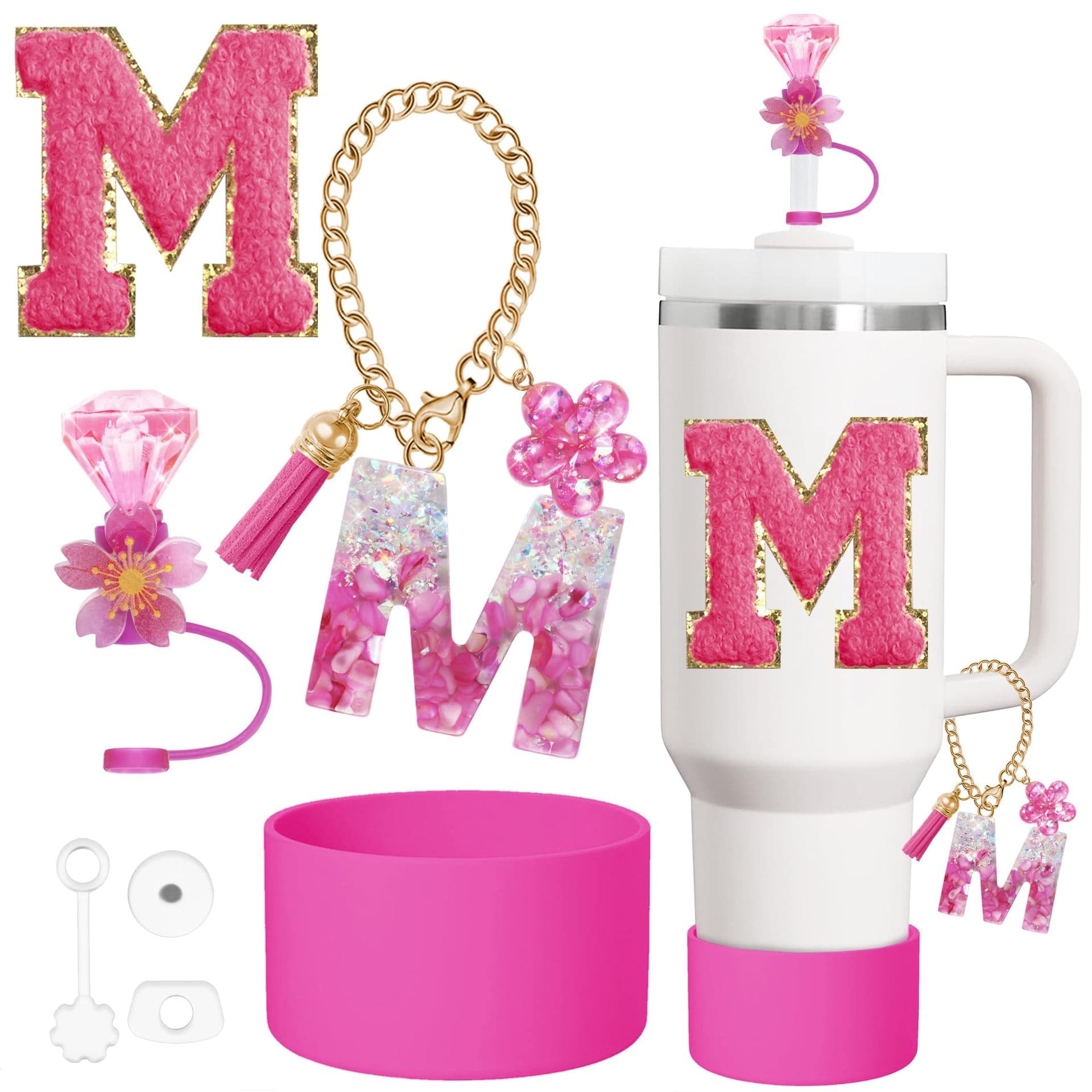 Amazon English Letter Flower Tassel Cup Chain Charm Gemstone Style Silicone Straw Cover Towel Embroidered Fabric Patch Cup Sleeve