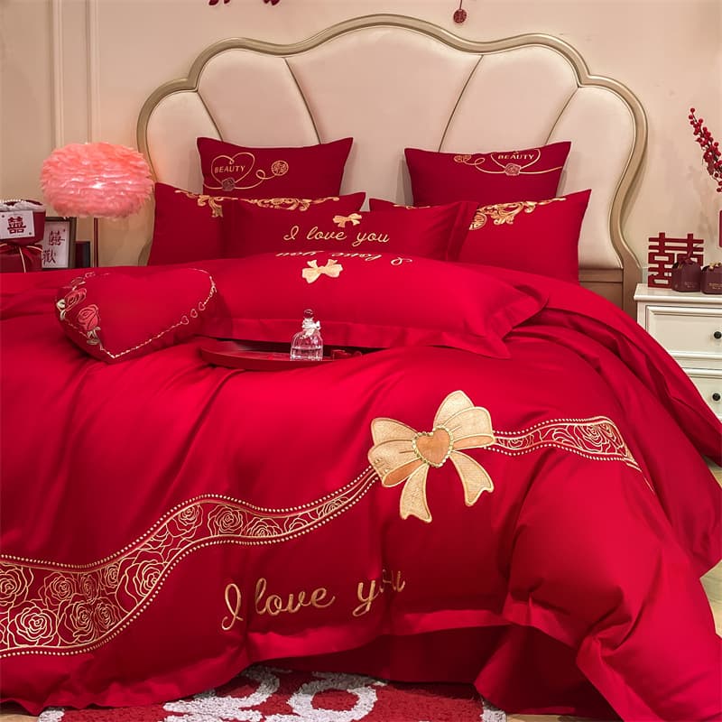 Princess style wedding bedding four-piece set thickened sheets bright red wedding embroidery quilt set wedding room