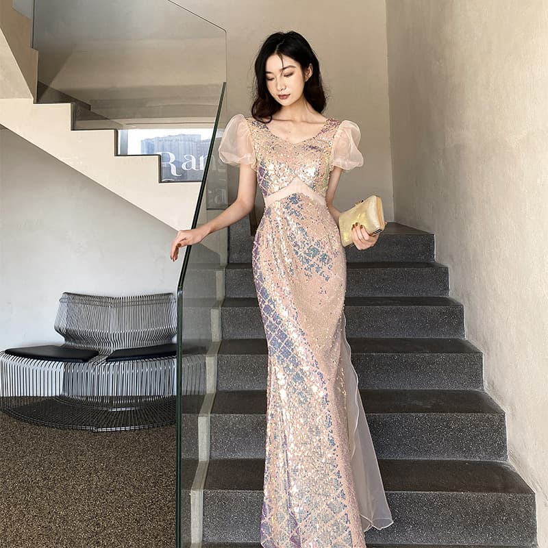 Evening dress skirt for women's banquet elegant lady light luxury niche pink high-end sequined fishtail skirt birthday adult gift