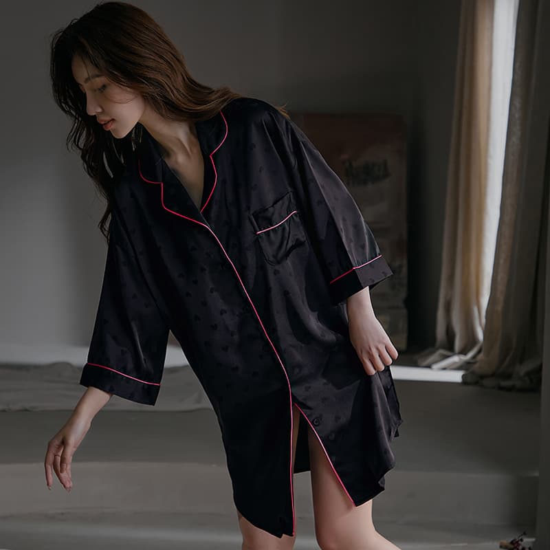 Summer Ice Silk Sleep Dress, Boyfriend Style, Solid Color, Sexy, Thin Silk, Three-Quarter Sleeve, Spring Autumn Pajamas for Women, Wearable Outside