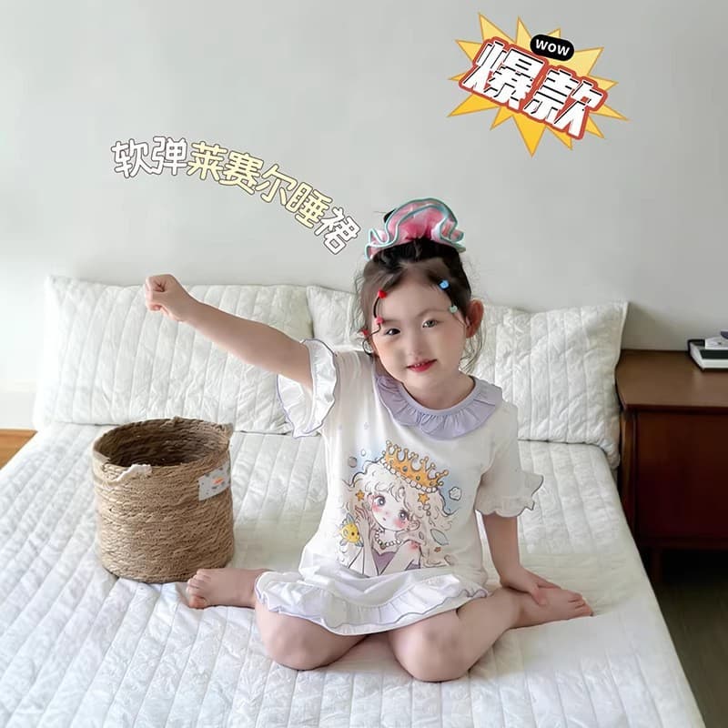 Anmeiya Girls Summer Dress Children's Pajamas Lace Nightgown Lyocell Tencel Ruffled Dress Factory Wholesale