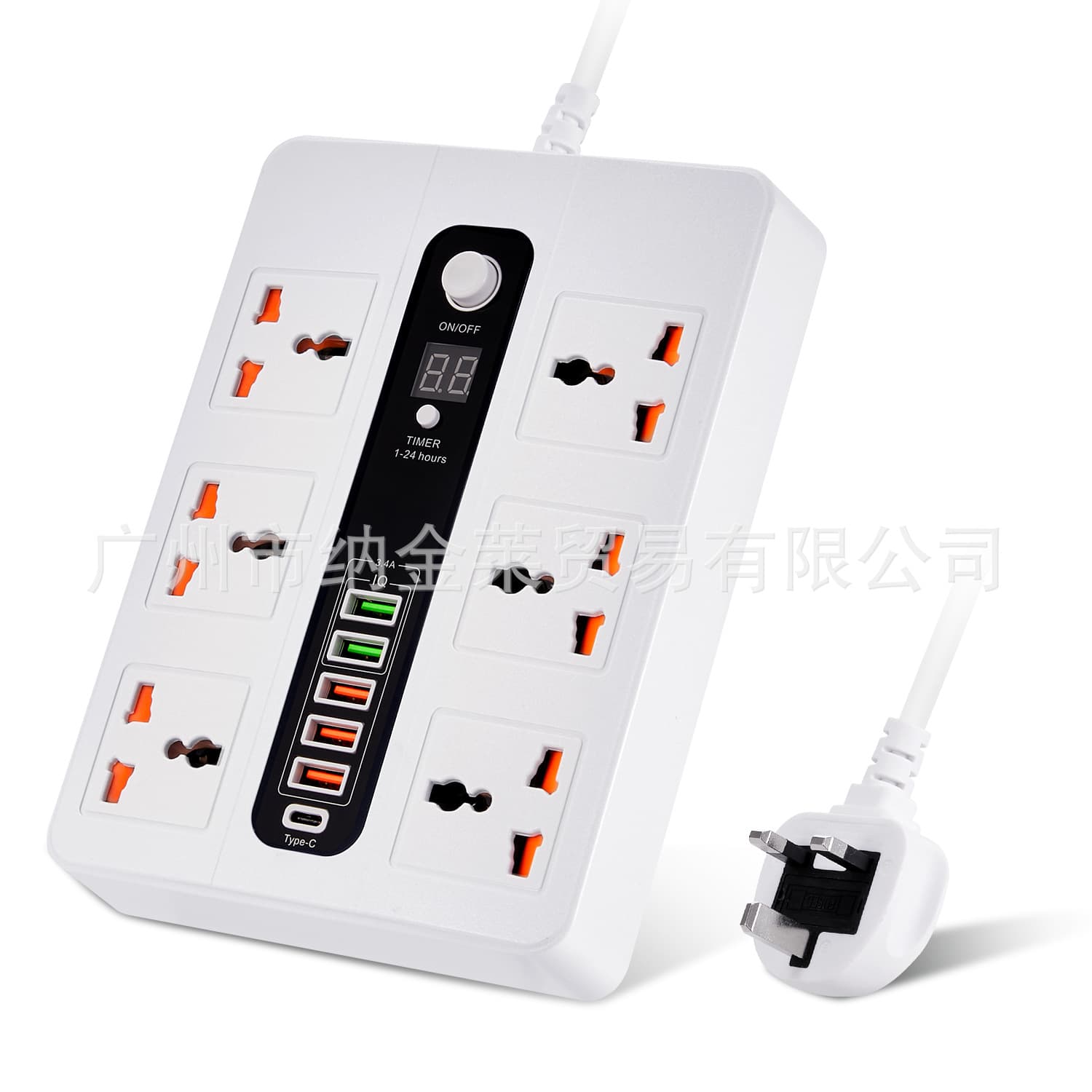 Cross-Border Exclusive Universal Outlet Power Strip with Middle East Socket, Smart Timer, Overload Protection, 6 Large-Spaced Outlets, TYPE-C
