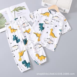 Summer Children's Short Sleeve Rayon Pajamas Cotton Silk Air Conditioning Clothes Boys Girls Baby Thin Cotton Silk Set Summer