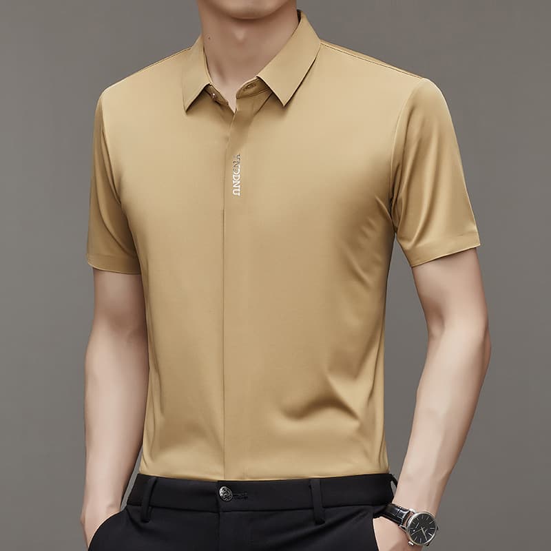 Cross-Border Trade Light Luxury Hidden Button Men's Short Sleeve Fashion Casual Ice Silk Stretch Wrinkle-Free Thin Shirt Versatile