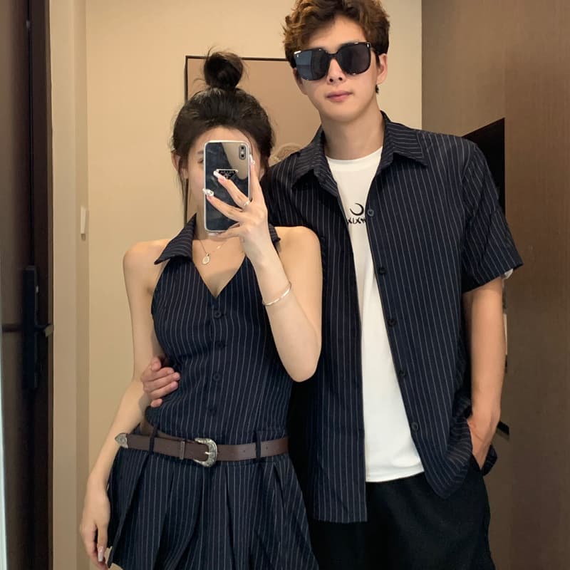 French couple's summer new Korean style short-sleeved shirt, versatile and temperamental short dress, shirt, one skirt and one clothes