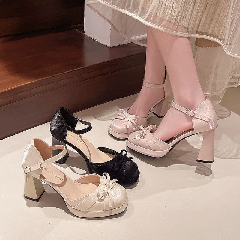 French Bow Chunky Heel Mary Jane Shoes for Women 2026 New Style, Platform Satin High Heels for Petite Height Increase