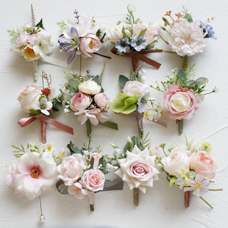 Korean-style Bride Bridesmaid Wedding Wrist Corsages, Groom Groomsmen Conference Business Opening Events Pink Simulated Boutonnieres