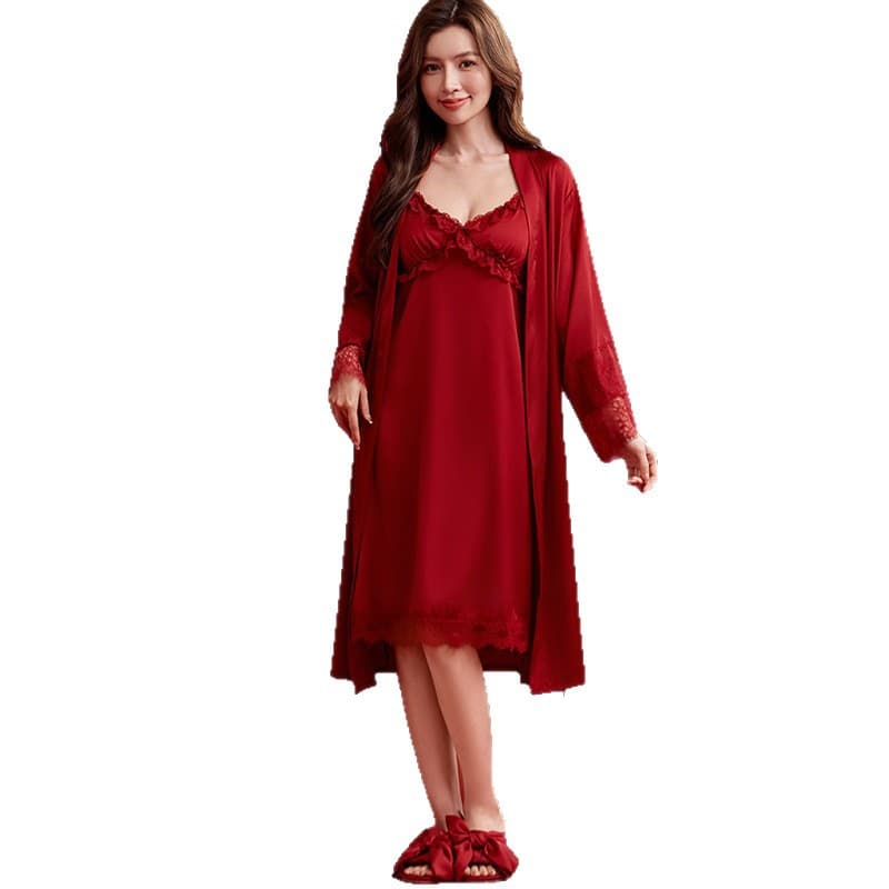 Women's Ice Silk Red Couple Robe with Lace Camisole Dress Bride Morning Robe Set Breathable