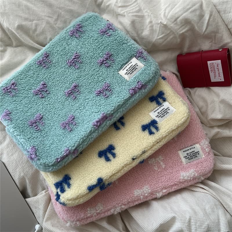 Korean Coral Velvet Bow Tablet Bag Ins Cute Liner Bag 11/13/15 Inch Storage Bag Women's Bag