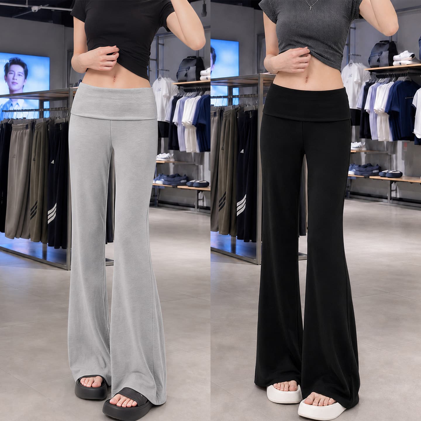 Fold-Waist Flared Pants for Women Summer Thin American Style Loose Fitting Slimming Bell-Bottom Pants with Drape Yoga Sports Sweatpants