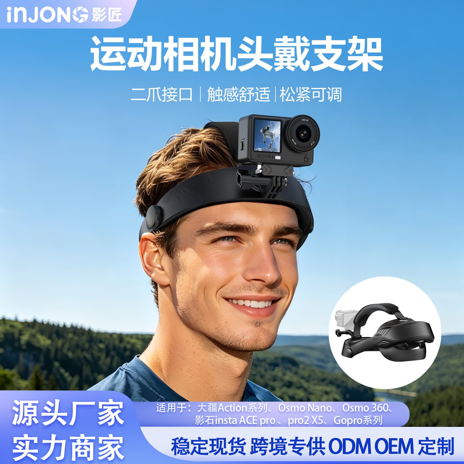 Head-Mounted Action Camera Mount Compatible with GoPro/Action/Insta360 Two-Claw Interface Adjustable Head Strap