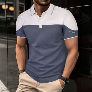 Cross-Border Exclusive European Size 2026 Summer Spread Collar Polo Shirt Men Casual Short Sleeve Color Block T-Shirt Sports Top