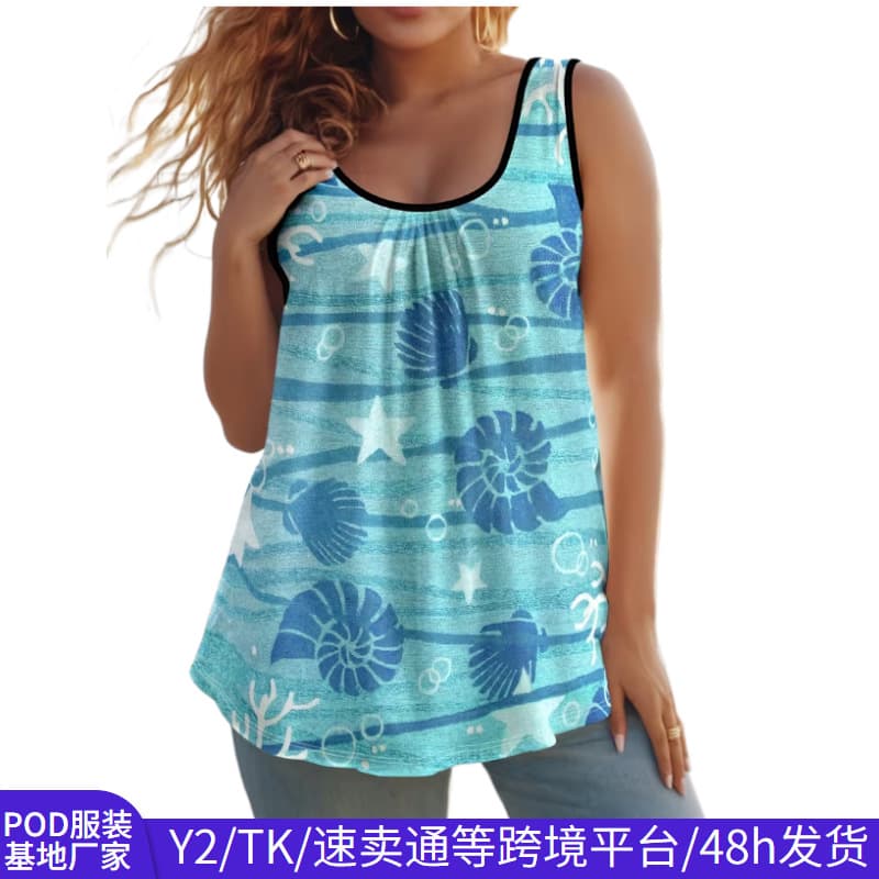 Ozon cross-border sleeveless large size vest women's summer breathable casual loose printed T-shirt foreign trade fat women's clothing