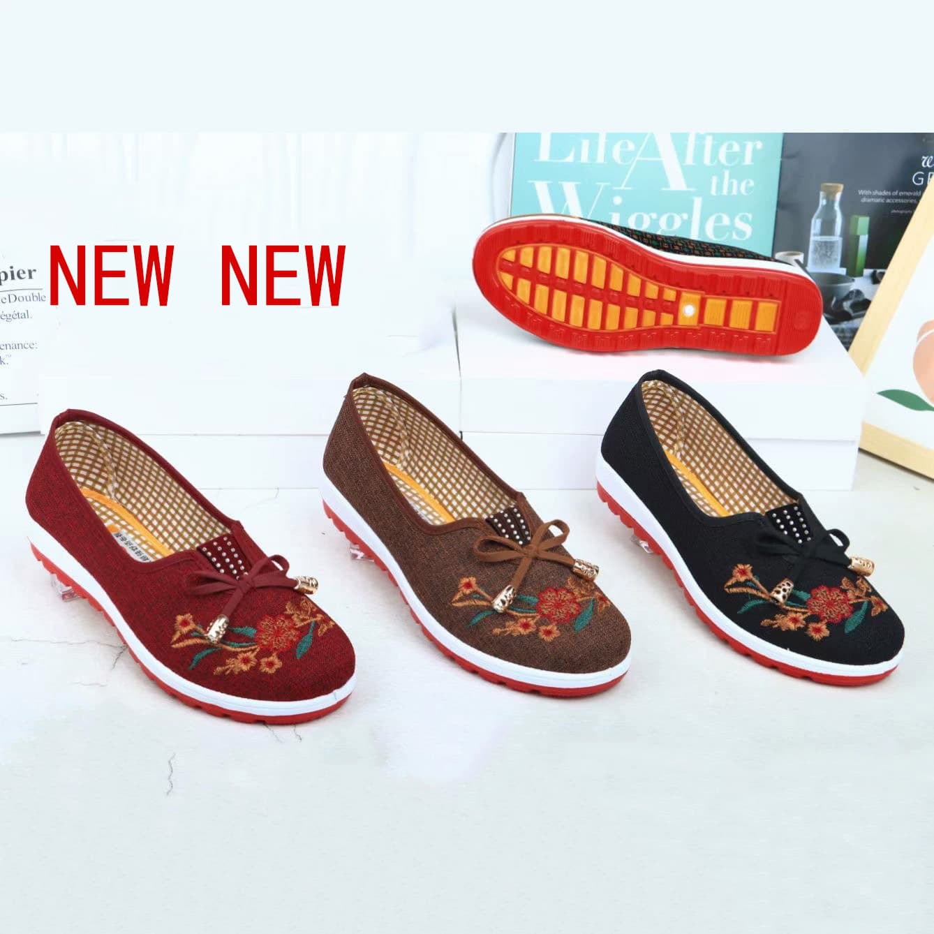 Embroidered Women's Shoes Flat Shallow Low-Cut First Generation Old Beijing Cloth Shoes, Hotel Work Dance Training Middle-Aged and Elderly Market Stall