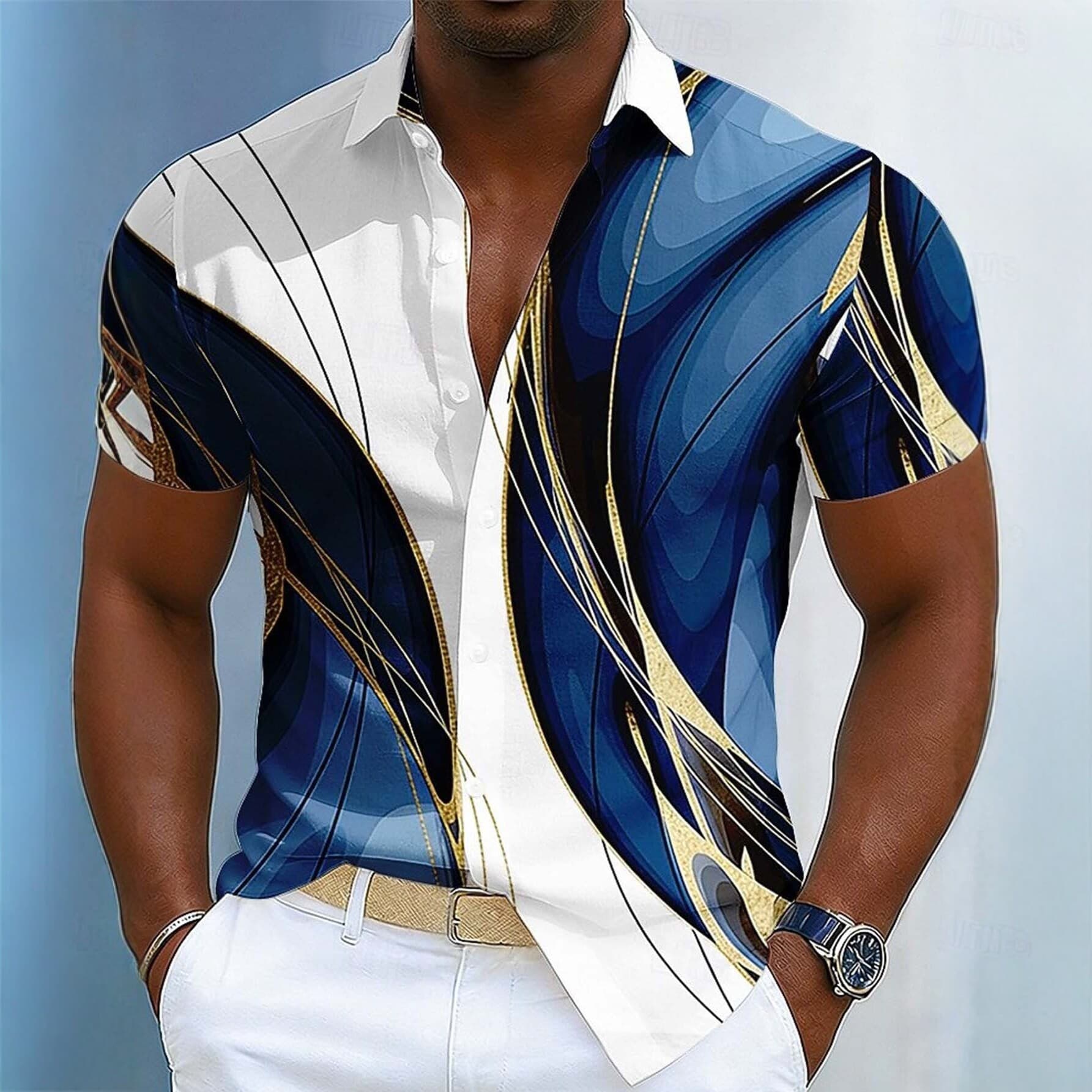 Cross-border Blue White Gold Fluid Line Print Men's Short Sleeve Shirt Light Luxury Business Vacation Turn-down Collar Shirt Wholesale
