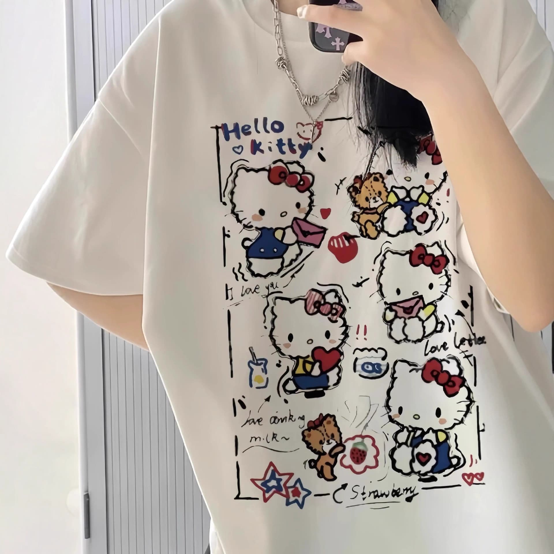 HelloKitty Cotton Short Sleeve T-Shirt for Women 2026 New Style Junior High School Student Fashionable Loose Versatile Half Sleeve Top