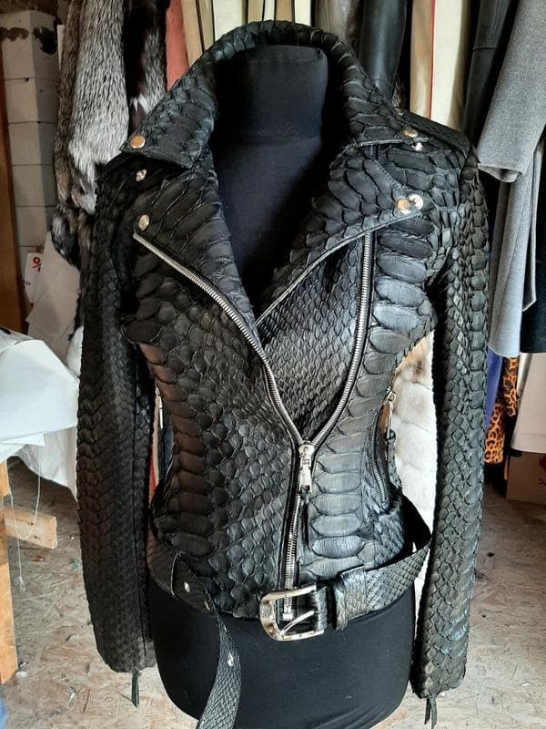 Cross-border Autumn/Winter Women's PU Leather Black Faux Snakeskin Motorcycle Jacket