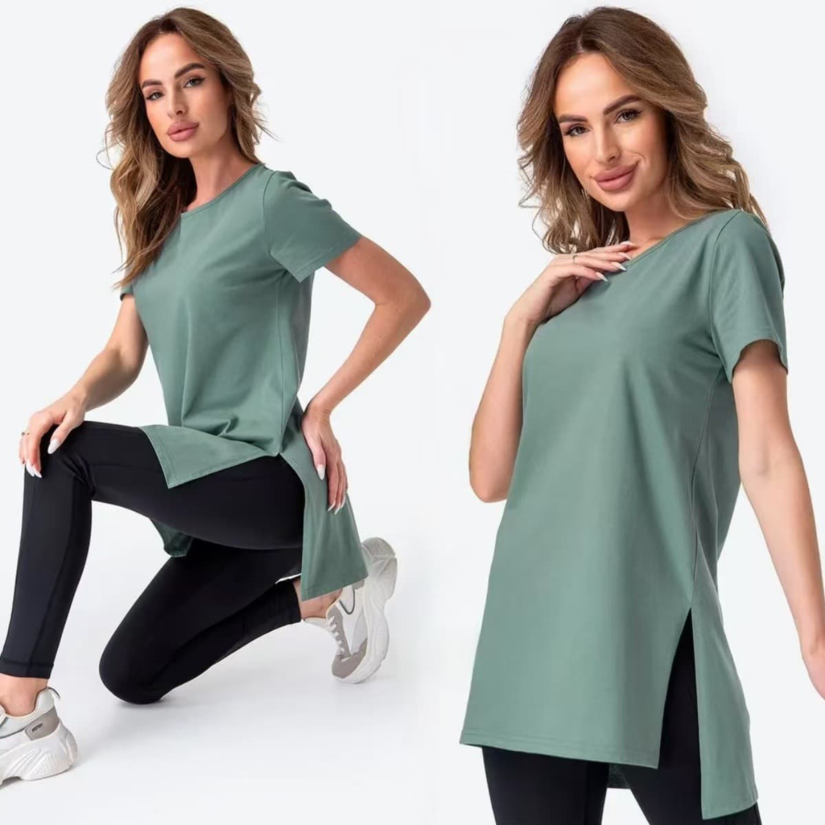 New 2025 Women's Loose Fit Crew Neck Short Sleeve Knitwear Fashionable Split Cross-Border T-Shirt Polyester Fiber Top