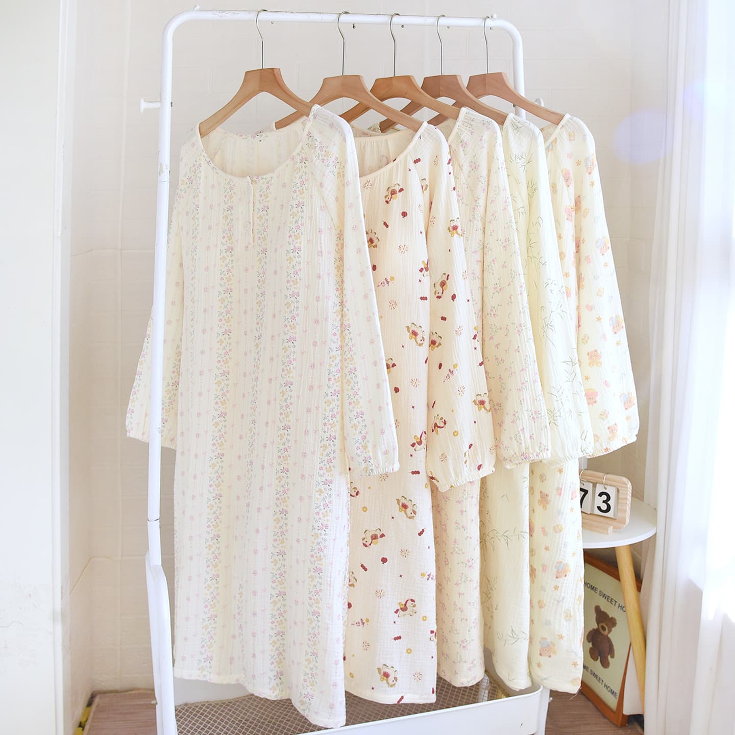 Women's Cotton Long-Sleeve Sleep Dress, Spring/Autumn Wear, with Built-in Bra, Home Dress, Factory Wholesale