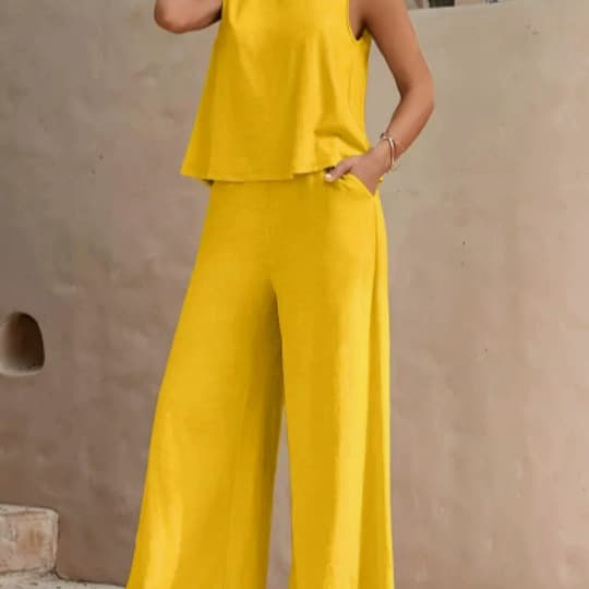 2026 cross-border European and American popular women's solid color elegant round neck vest and wide leg pants two-piece suit