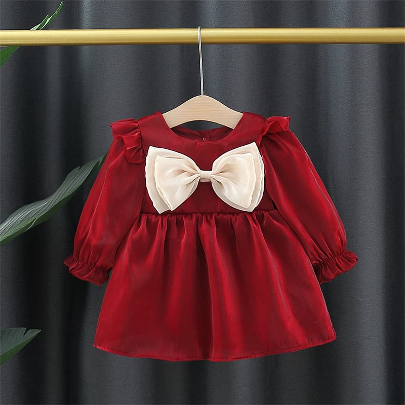 Girls' mesh dress, new autumn style, children's princess dress, fashionable bow, toddler solid color children's clothing wholesale