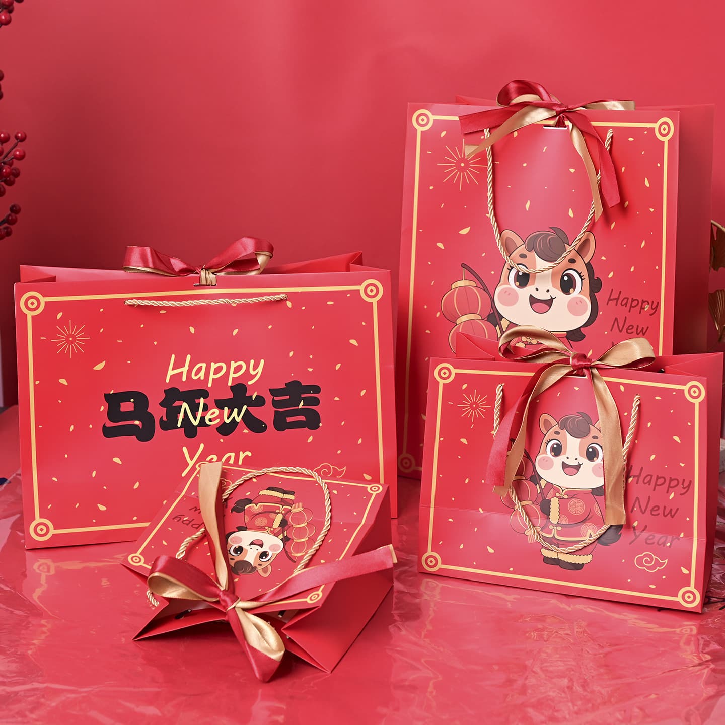 Mid-Autumn Festival gift bag, Year of the Horse, lucky handbag, red souvenir bag, ready-made gift bag with ribbon