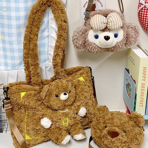 Trendy Cute Barcelona Bear Head Multifunctional Shoulder Crossbody Plush Bag Large Capacity Sherry Mei Bear Shoulder Bag