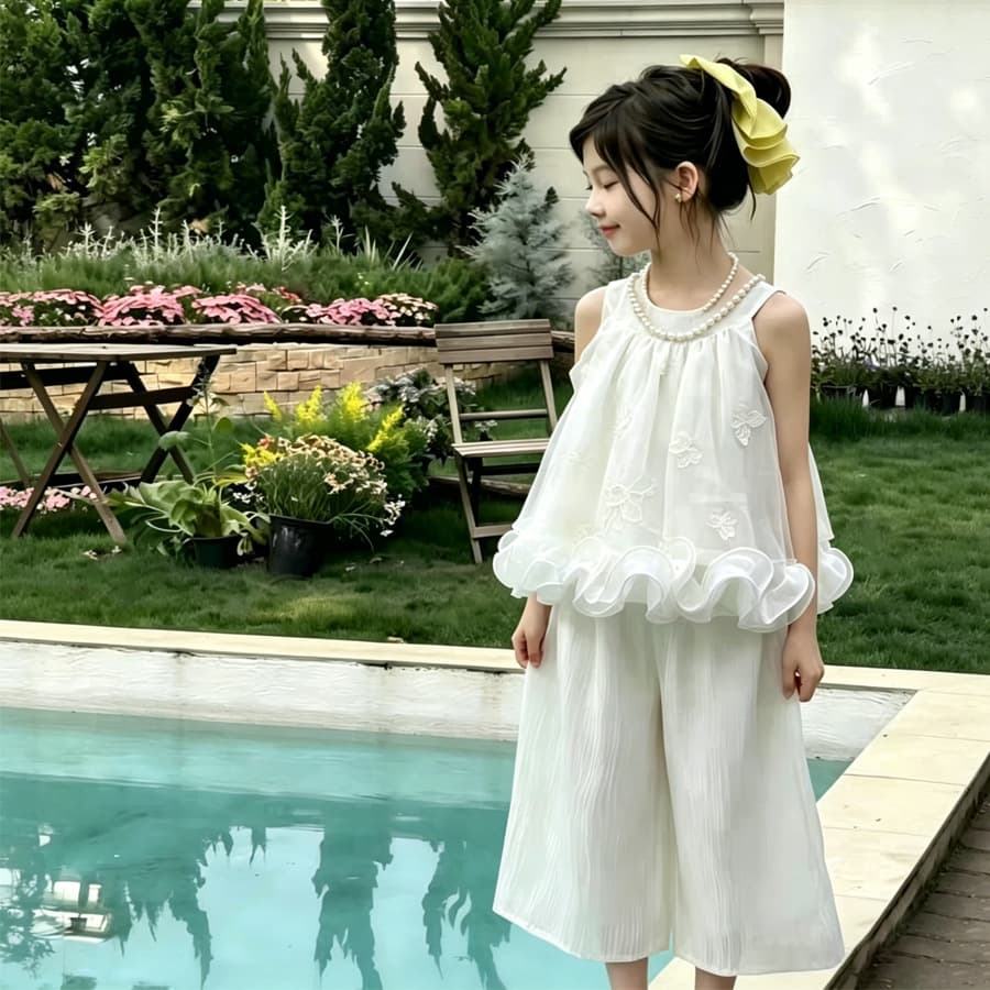 Girls Sleeveless Vest Wide-Leg Pants Set 2026 New Summer Children's Stylish Ruffle Lace Flower Two-Piece Set