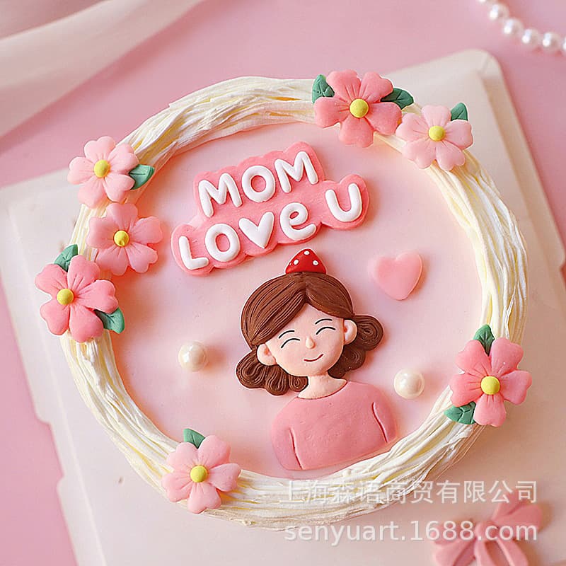 Mother's Day Baked Cake Decoration Short Hair Polka Dot Hat Mom Pink Flower Birthday Dessert Table Plug-in Dress Up