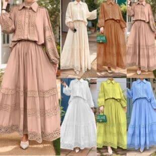 M301# 7 Colors In Stock Cross-Border Hot Selling Women's Lace Hollow Out Stitching Top + Full A-Line Skirt Two-Piece Set