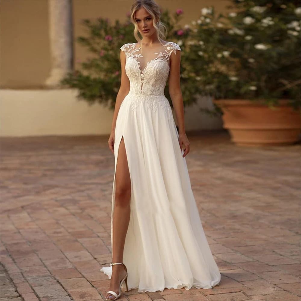 Cross-border Amazon Light Wedding Dress New White Lace Side Split Wedding Dress Mori Brigade Shaped Door Yarn