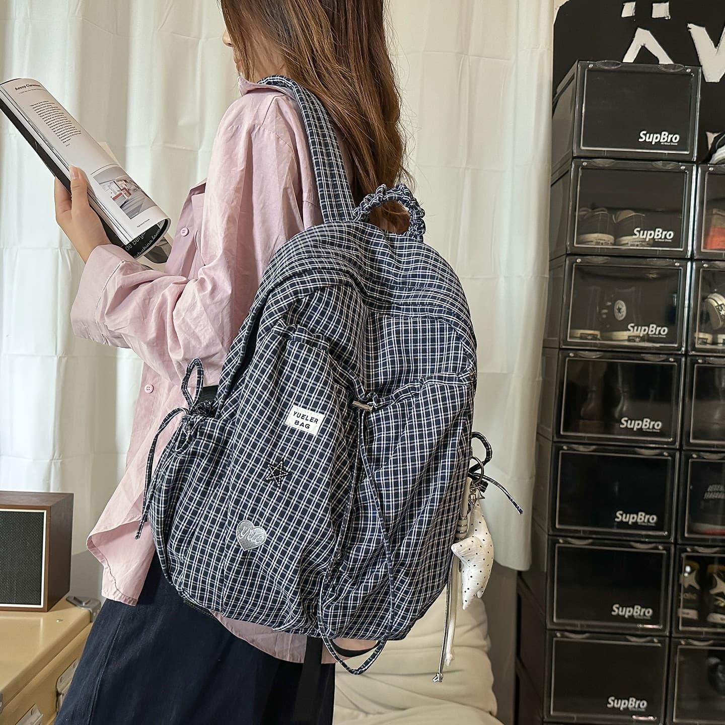 New Versatile Casual Fresh Plaid Backpack for Teen Girls College Students Minimalist Double Shoulder Bag High School Large Capacity Backpack