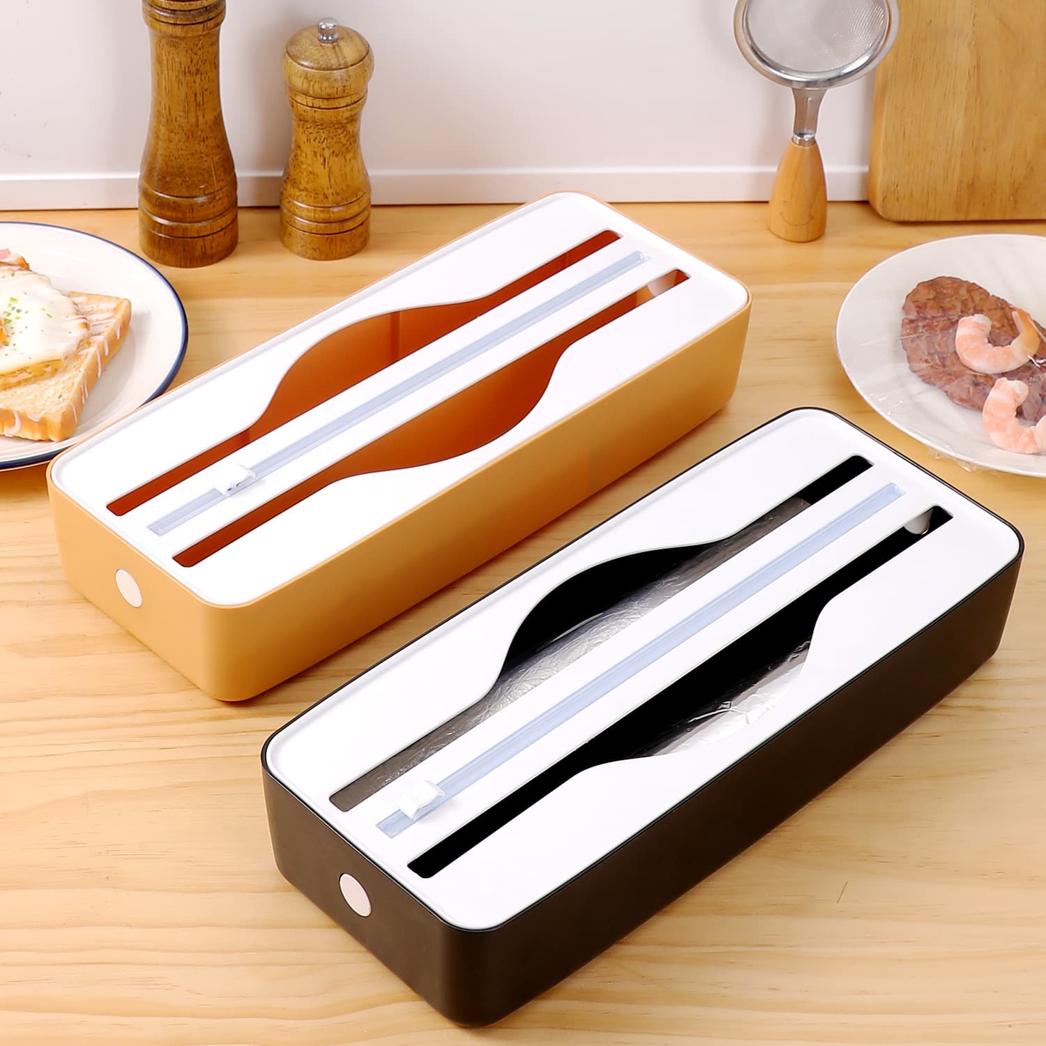 201 two-in-one dual-slot cling film cutter, kitchen household cling film cutting box storage for foil and greaseproof paper.