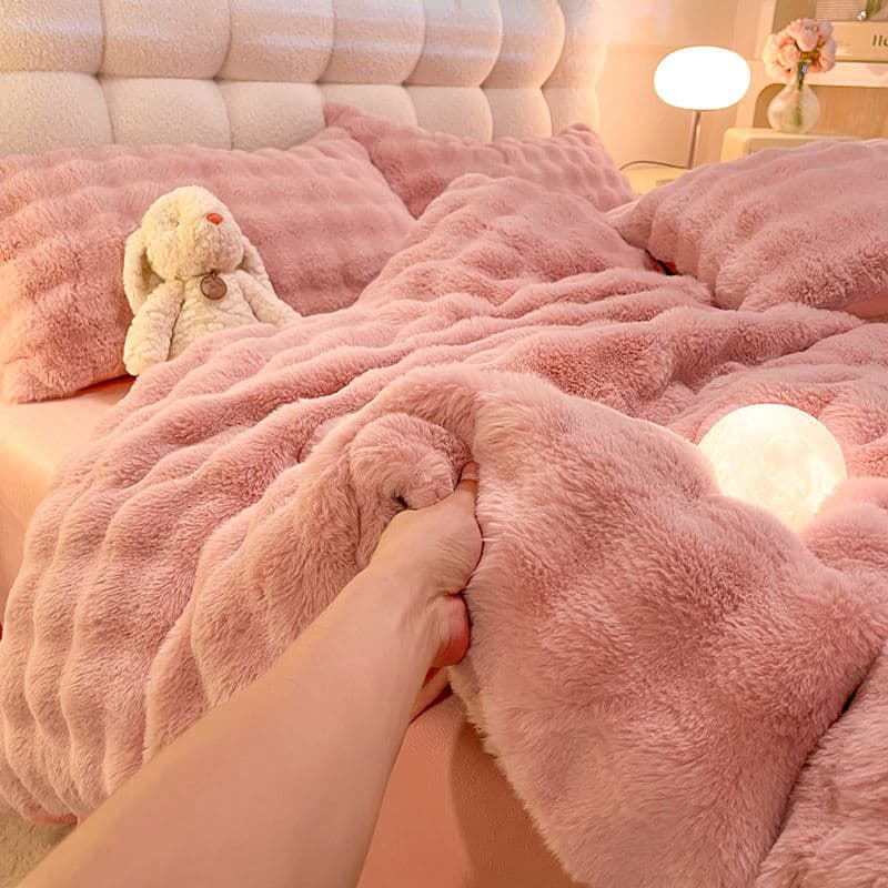 Thickened rabbit fur fleece bed four-piece set, warm milk fleece bed sheet and duvet cover, coral fleece three-piece set, double-sided flannel
