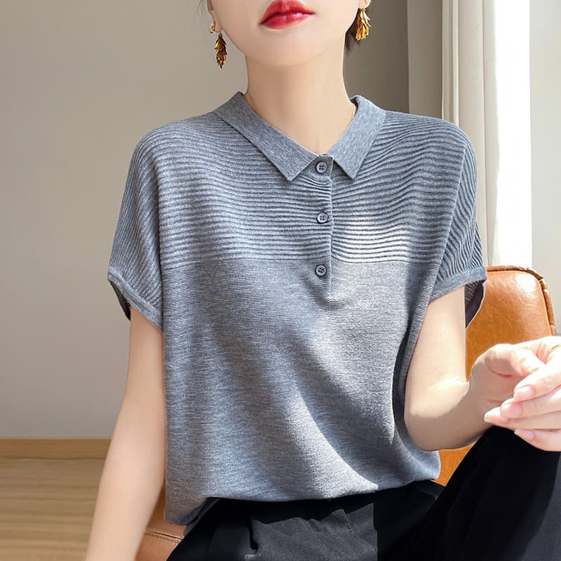 Summer New Lyocell Tencel Polo Collar Short Sleeve T-Shirt Women Solid Color Knit Top Loose Slimming Elegant Shirt