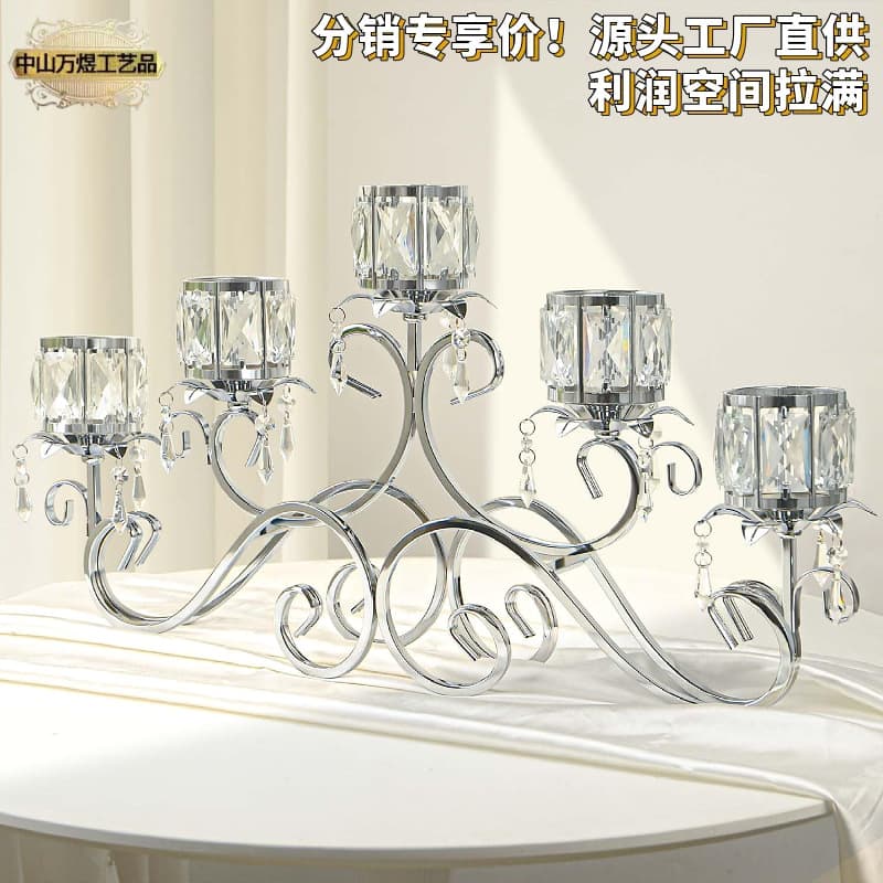 Nordic 5-Arm Crystal Candle Holder Creative Iron Candelabra Vintage Candle Stand Metal Candle Cup Gold Decoration