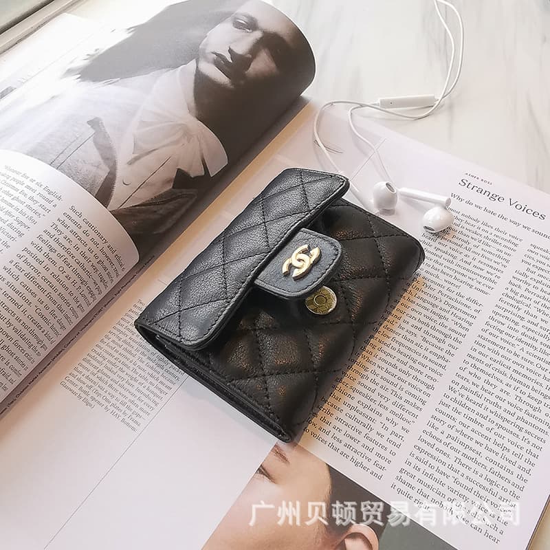 2025 New Embroidered Diamond Quilted Short Accordion Bag Casual Large Capacity Chanel-Style Mini Buckle Coin Purse Card Holder