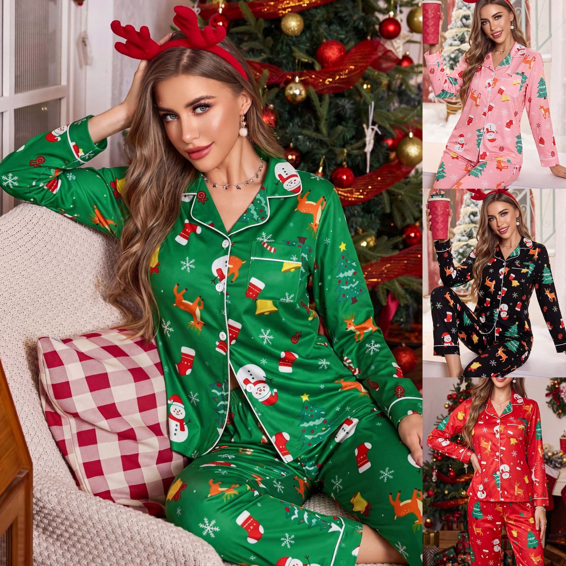 European and American Cross-Border Women's Christmas Fashion Print Sleepwear Casual Long Sleeve Long Pants Wear-Out Loungewear Set for Women