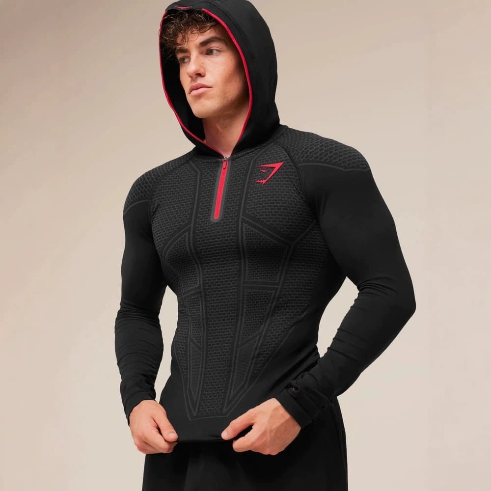 GYMSHARK/ONYX V1 Men's Long Sleeve Workout Fitness Quick-Dry Breathable Stretch Half-Zip Compression Training Top