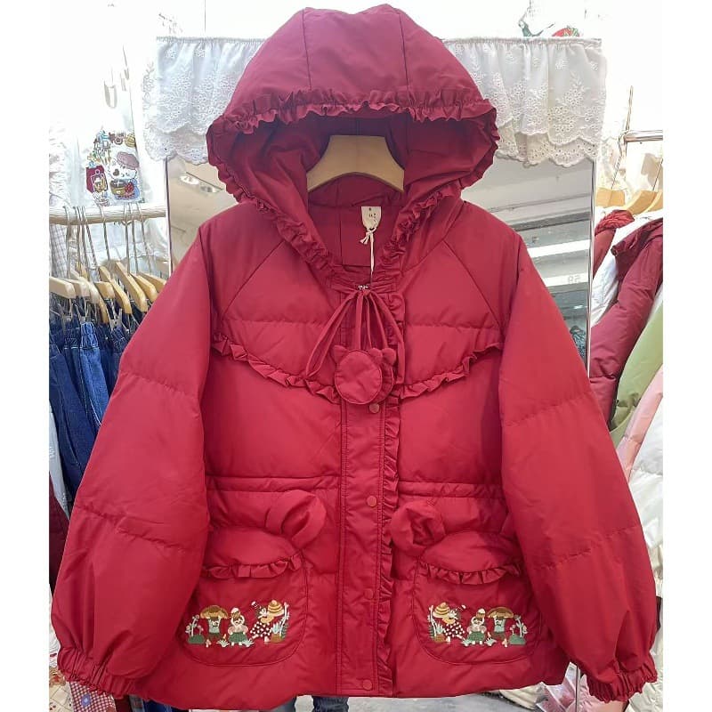 2025 Hanyi Society Winter New Sweet Cute Hooded Embroidered Lace Bow Tie Warm Down Jacket Coat